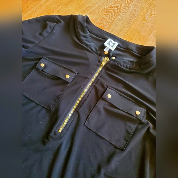 Anne Klein medium black 3/4 sleeve zip button top shirt blouse - Picture 2 of 10